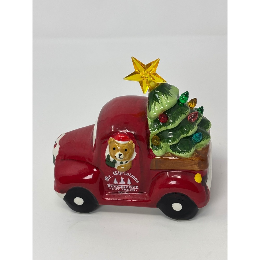 Mr Christmas Red pickup Truck Ceramic Figurine Lighted green Christmas Tree
